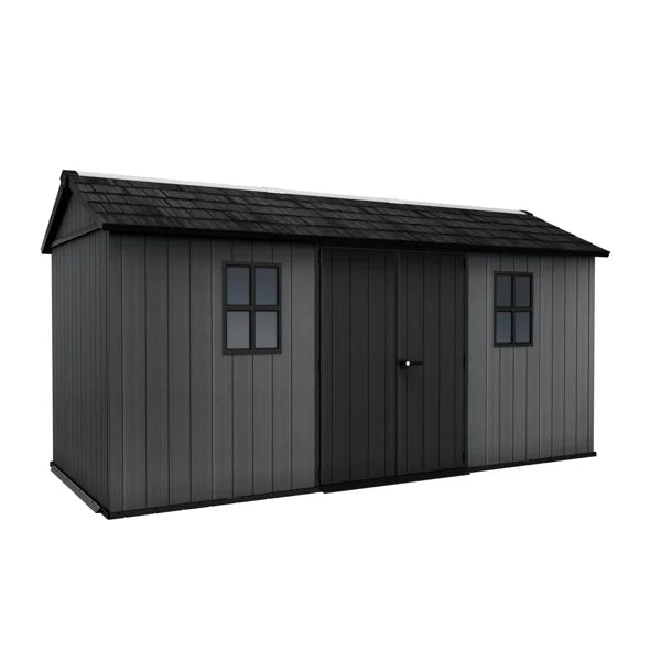 Keter Newton Plus Durable Resin Outdoor Storage Shed With Floor and Double Doors for Garden Patio Furniture and Tools, Graphite Grey (6 Available Sizes)