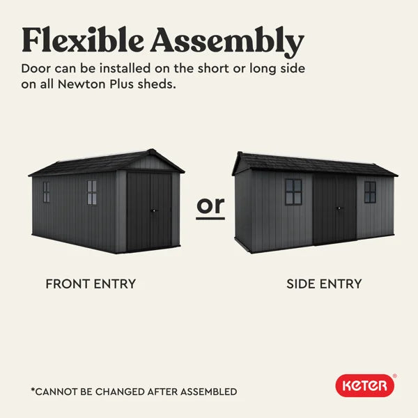 Keter Newton Plus Durable Resin Outdoor Storage Shed With Floor and Double Doors for Garden Patio Furniture and Tools, Graphite Grey (6 Available Sizes)