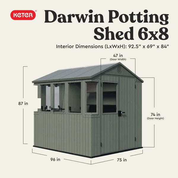 Keter Potting Shed 6x8 ft. Durable Resin Outdoor Garden Greenhouse Shed With Double Doors and Shelves, Green