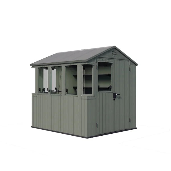 Keter Potting Shed 6x8 ft. Durable Resin Outdoor Garden Greenhouse Shed With Double Doors and Shelves, Green