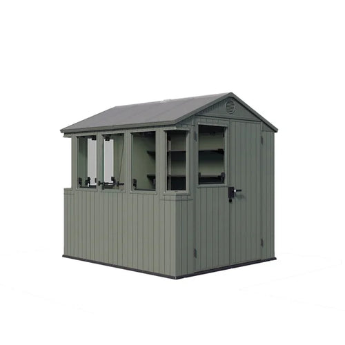 Keter Potting Shed 6x8 ft. Durable Resin Outdoor Garden Greenhouse Shed With Double Doors and Shelves, Green