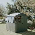 Keter Potting Shed 6x8 ft. Durable Resin Outdoor Garden Greenhouse Shed With Double Doors and Shelves, Green