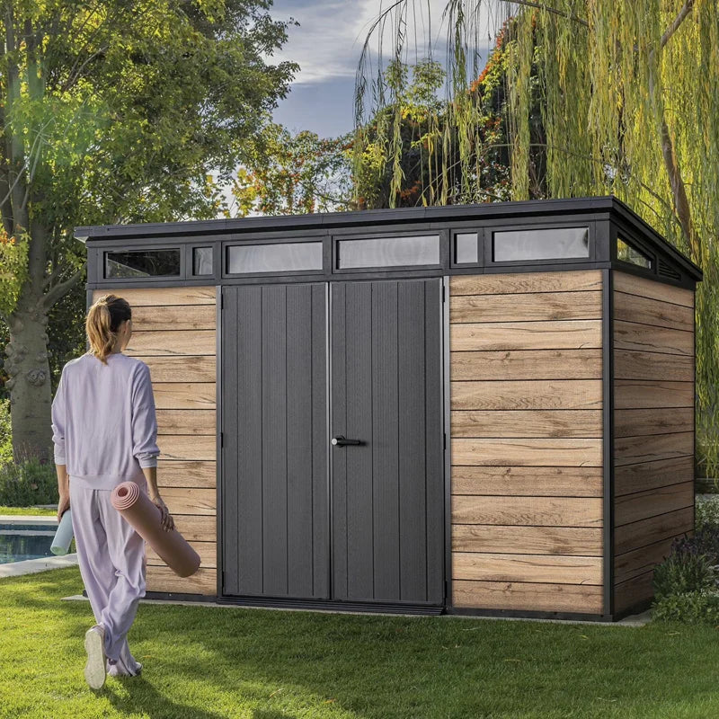 Keter Signature Collection 11x7 ft. Durable Resin Outdoor Storage Shed With Floor and Double Doors for Garden Patio Furniture and Tools, Pine