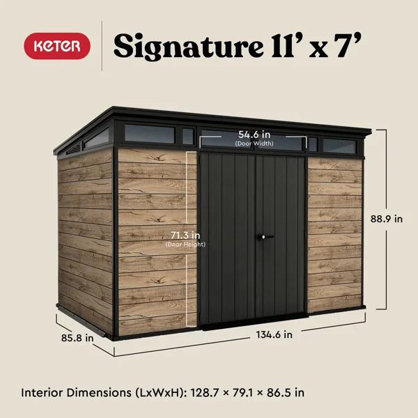 Keter Signature Collection 11x7 ft. Durable Resin Outdoor Storage Shed With Floor and Double Doors for Garden Patio Furniture and Tools, Pine